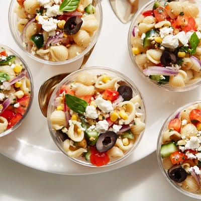 Clear cups showcase Pasta Salad Cups with al dente pasta and basil