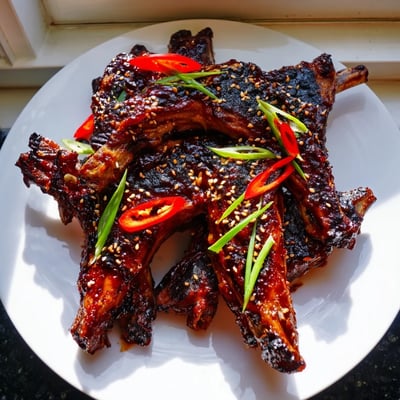 Juicy grilled Korean BBQ lamb ribs topped with sesame seeds and scallions