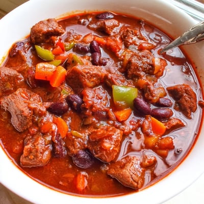 Thick beefy chili stew loaded with tender meat, beans, and colorful diced vegetables
