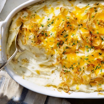 Cheesy Onion Mashed Potato Casserole