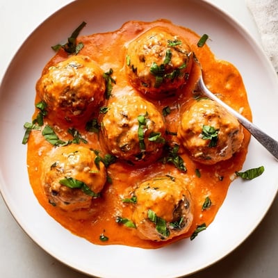Tender creamy tomato basil meatballs nestled in a velvety sauce with fresh basil garnish.
