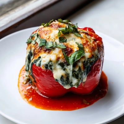 Vibrant bell peppers filled with creamy ricotta and spinach resting in tomato sauce