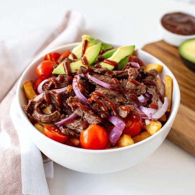 Hearty steak strips crispy fries bowl recipe arranged with russet fries, tender steak, red onion, and a creamy mustard sauce.
