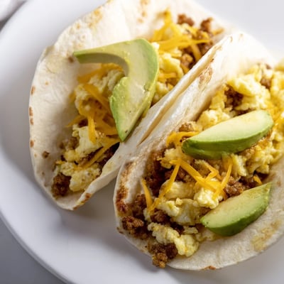 A stack of creative pancake tacos topped with maple syrup, yogurt, and avocado slices served on a rustic wooden board.